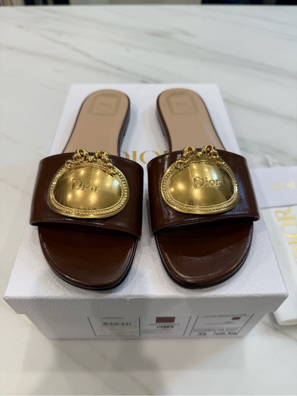 Dior Brown Leather Slide Mules with Gold Medallions. Worn once